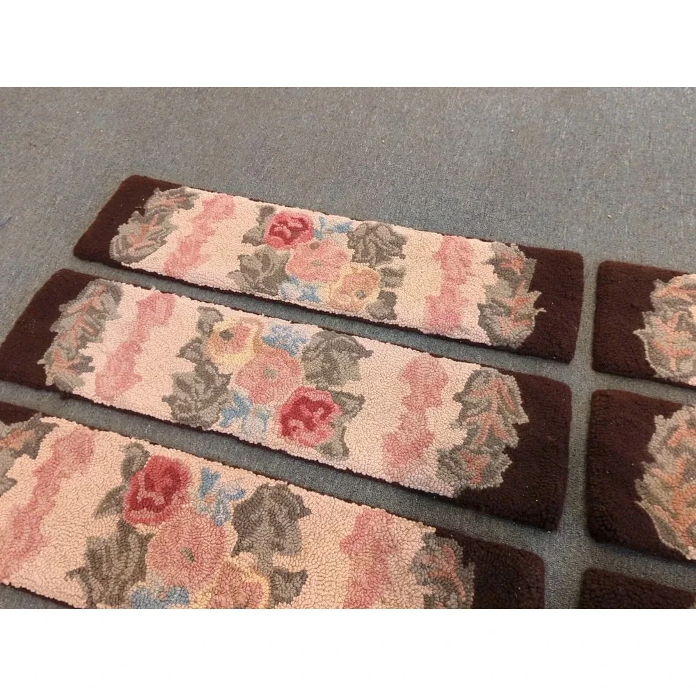 10 Antique Primitive Country Handmade‎ Hook Wool Hooked Stair Treads Floral Rug